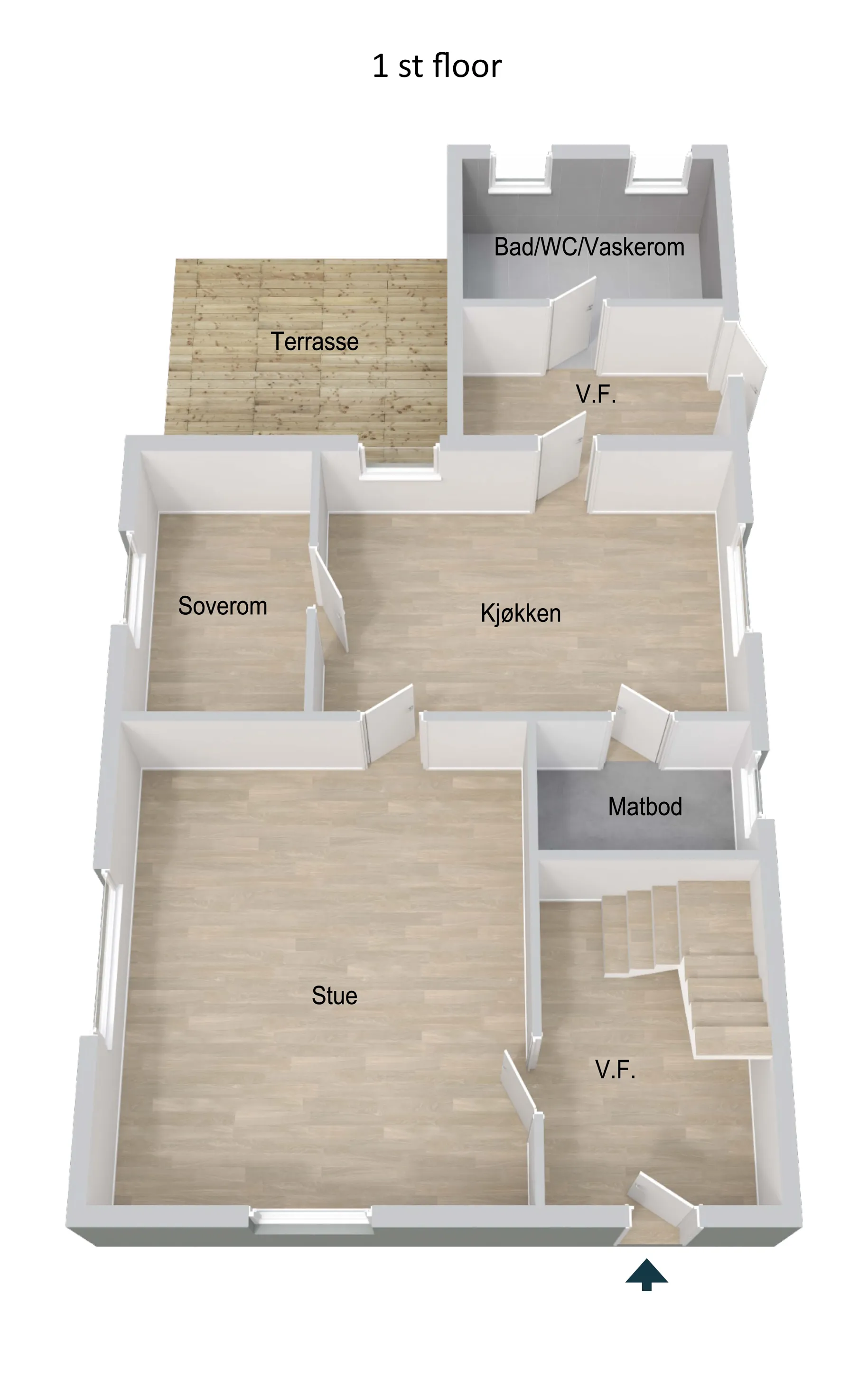 Første etasje: stue, kjøkken, soverom, bad og terrasse